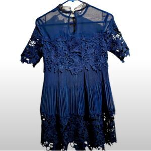 Free People Saylor X Navy Blue Hollie Lace Mock Turtle Neck Mini Dress XS